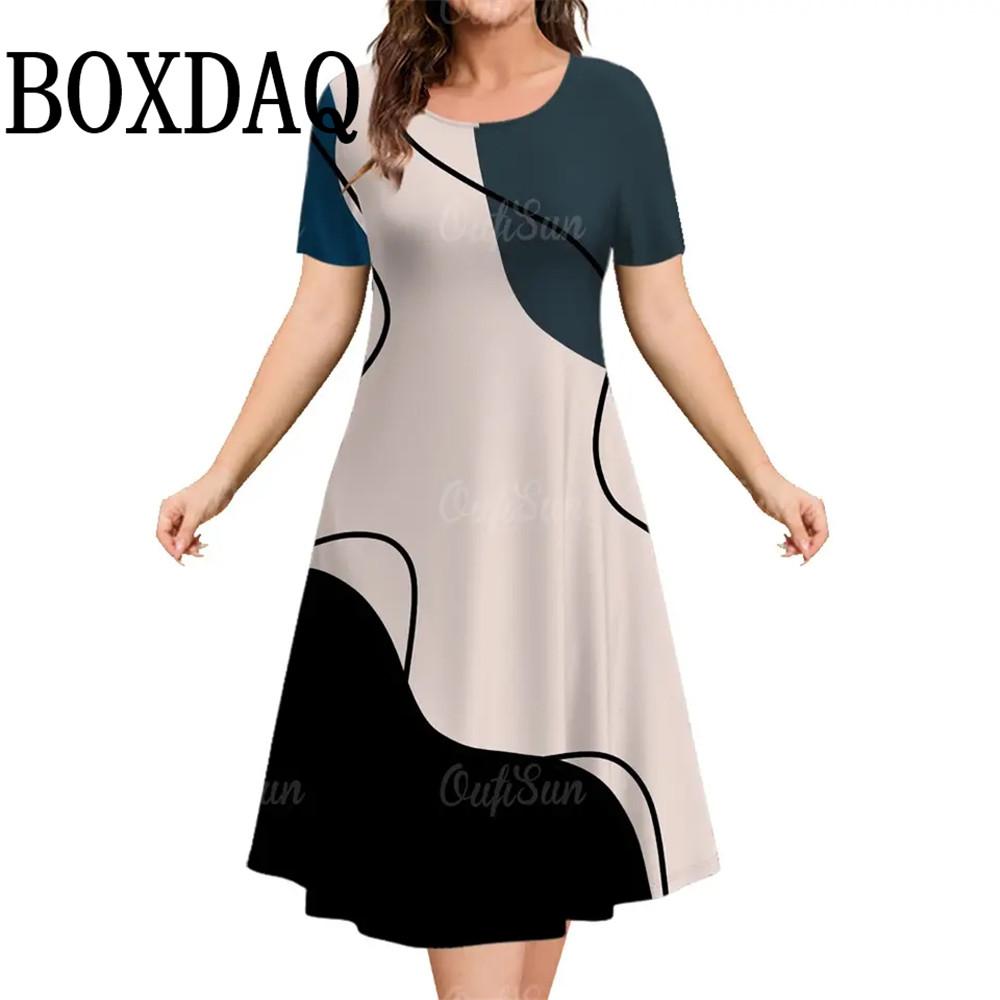 Женское платье с коротким рукавом, свободные платья больших размеров с принтом в полоску 3D, летнее повседневное классическое платье А-силуэта