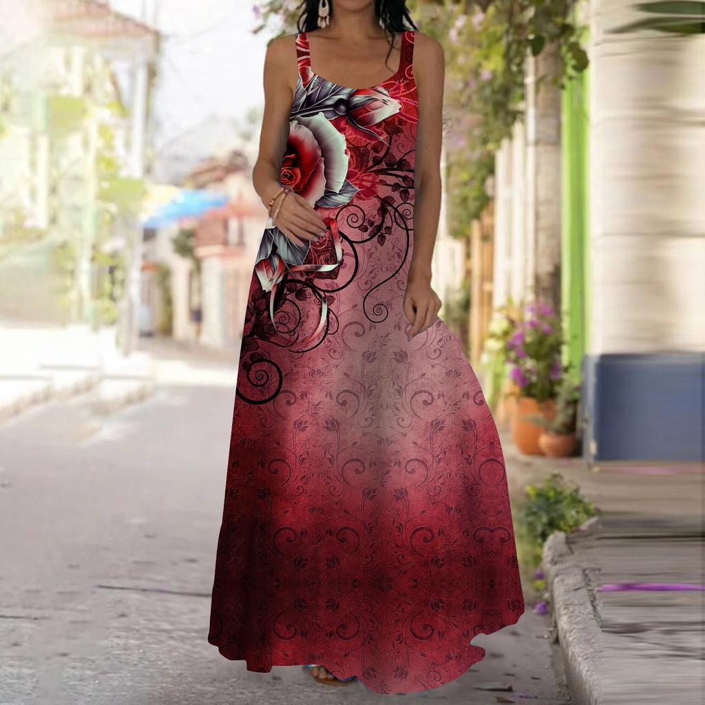 Женское платье-комбинация Длинное платье макси Платье с принтом синих роз Весна и лето Для отдыха и отпуска