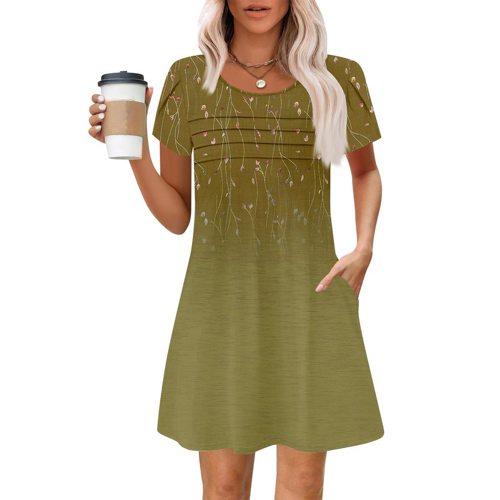 Women's Summer Casual Petal Slim Stripe Pleated Solid Color Dresses