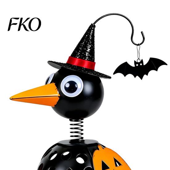 Fall Harvest Decorations Halloween Metal Crow Pumpkin Figurine, Wrought Iron Raven Statue with Witch Hat, Spooky Decor LED Candle Holder