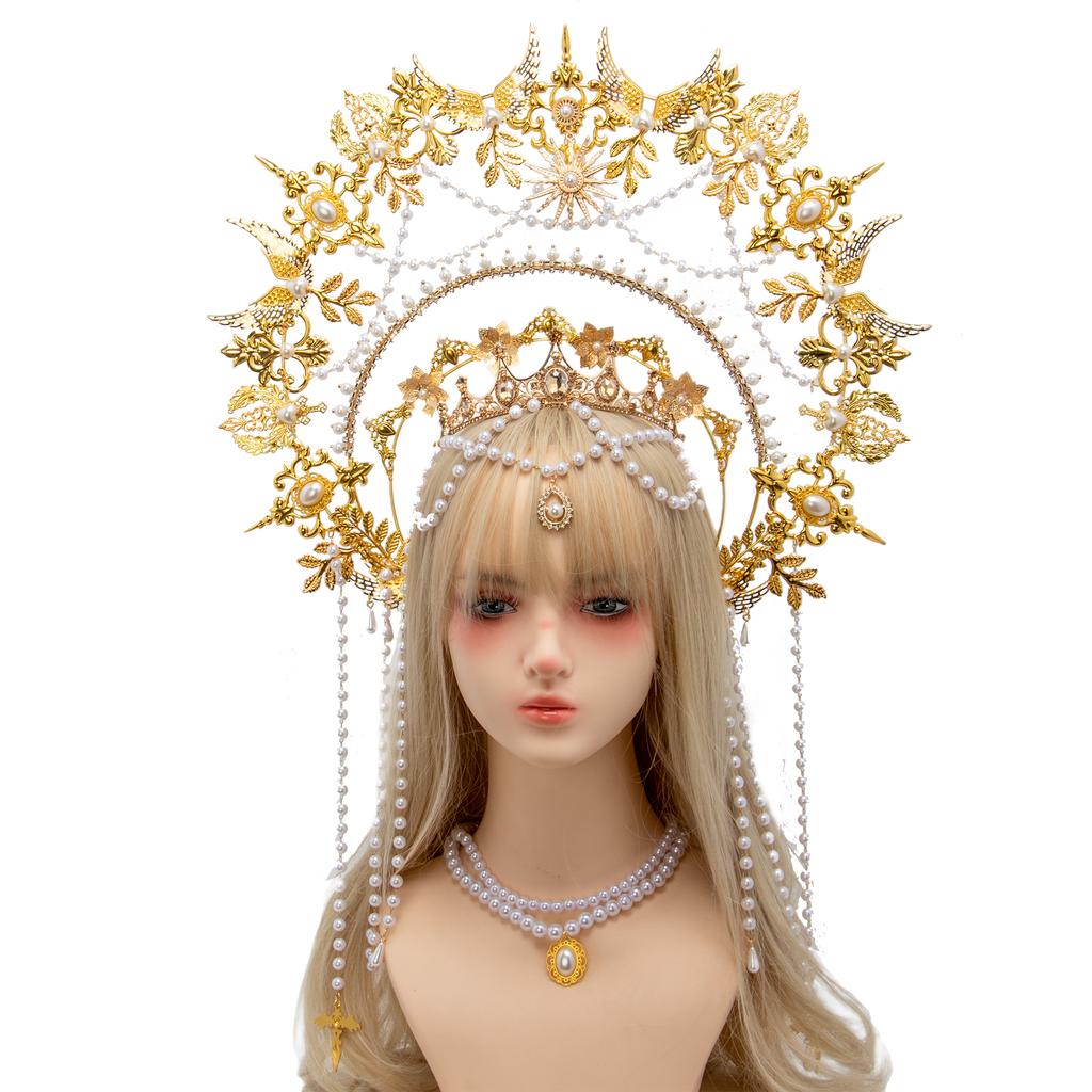 Exaggerated Oversized Sun Goddess Angel KC Halo Crown Queen Headpiece Gold Baroque Pearl Tiara Lolita Headband for Photo Prop