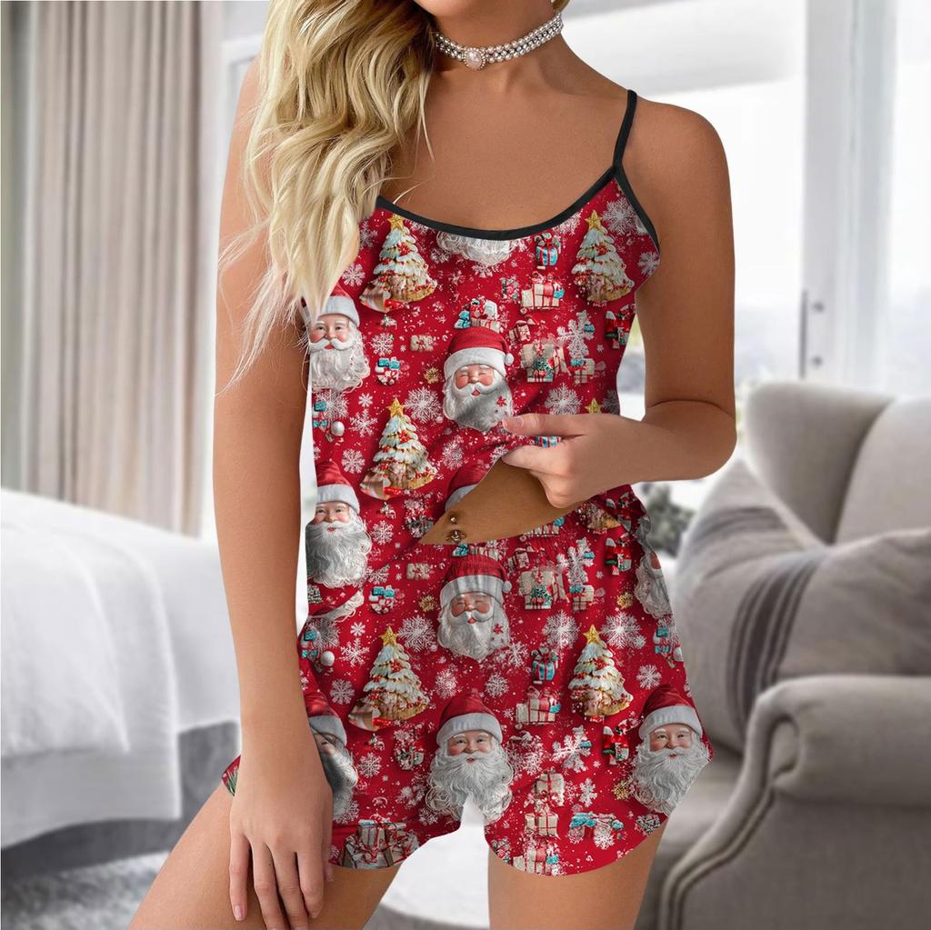 Ladies Fashion Casual Sleeveless Top Shorts Christmas Printed Pajama Set