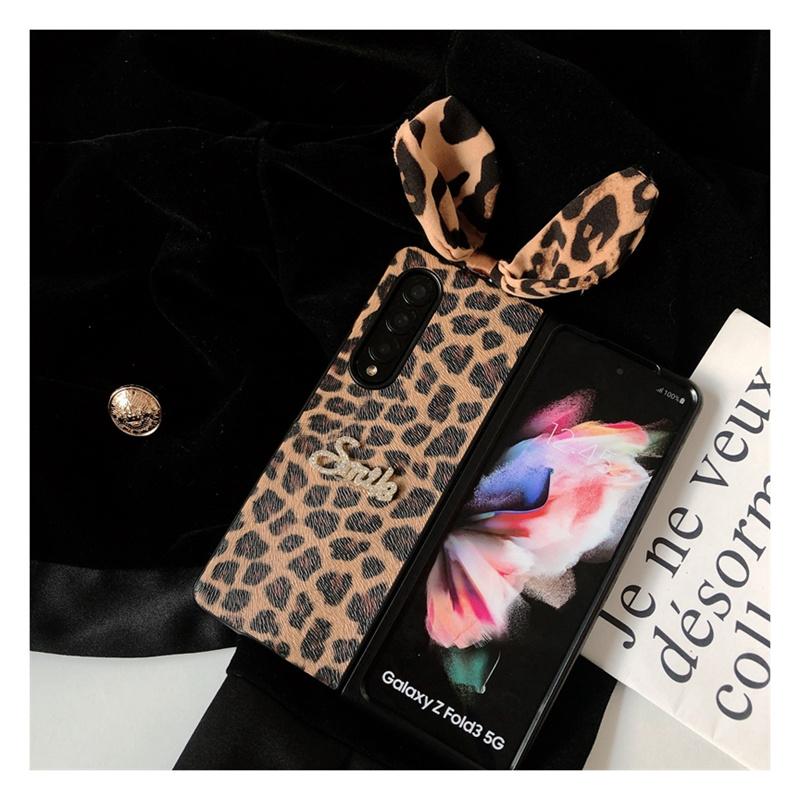Cute Leopard Bunny Ears Leather Phone Case For Samsung Galaxy Z Fold3 4 S22 S21 S20 A12 A22 A32 A52 A72 A03s A13 A33 A53 A73 M53