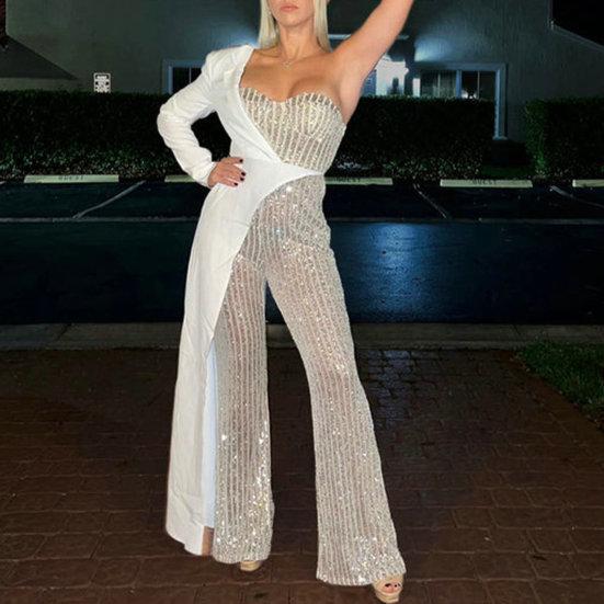 Women Jumpsuit One Shoulder One Sleeve Suit Coat Dress Patchworl Shiny Sequin Asymmetric Color Matching Wide Leg Tight Waist Prom Party Jumpsuit