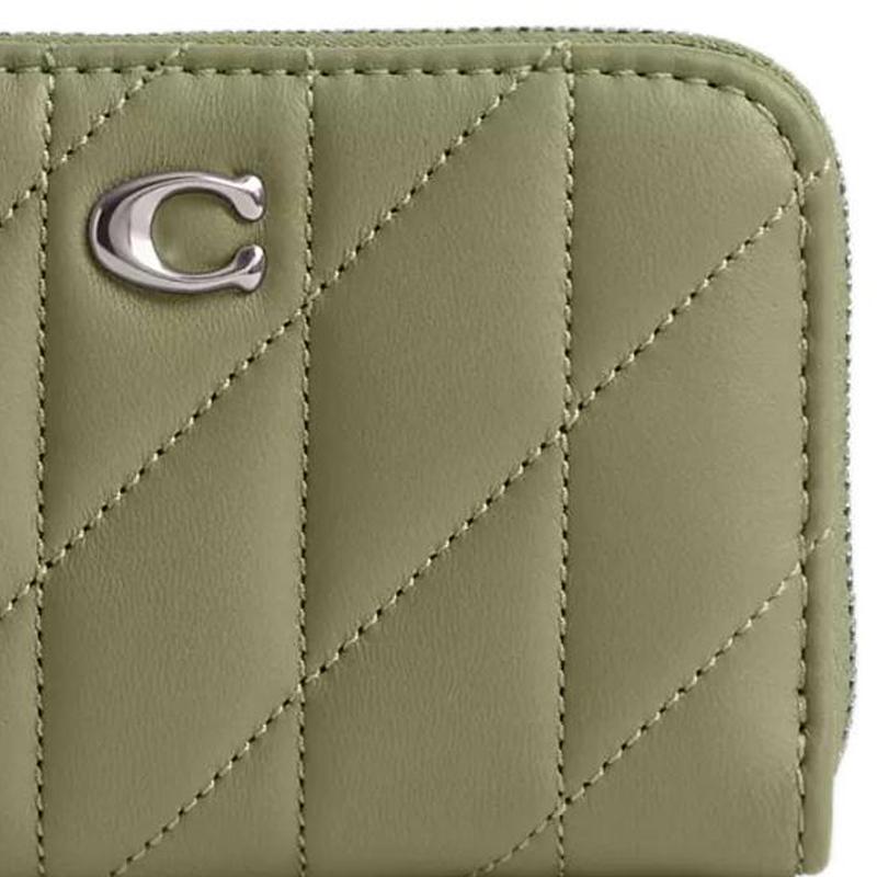 Coach Кошелек на молнии 11 Стерлинговое серебро Полоска с логотипом Стеганый Застежка-молния Наппа Женский Светлый античный никель Светлый античный никель с мхом