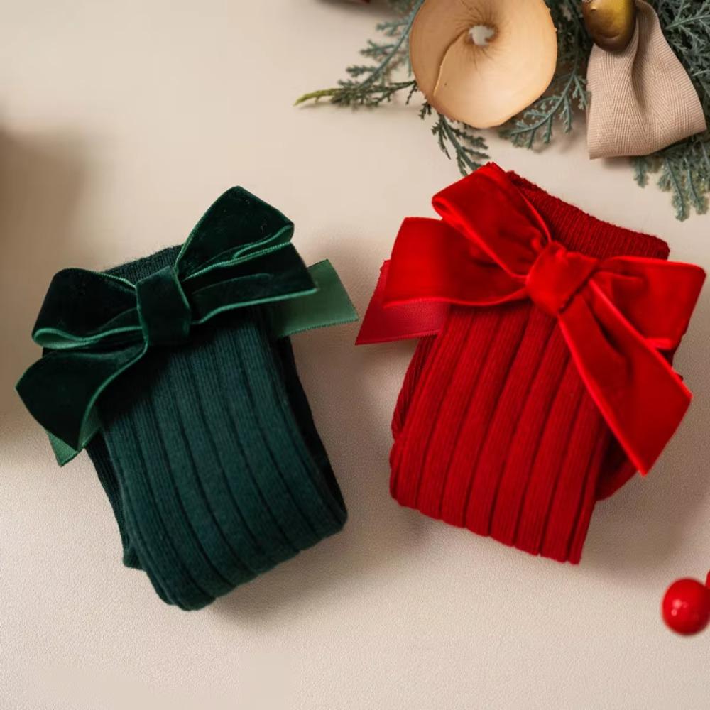 Red Kids Red Socks Cotton Bow Middle Tube Socks Soft Baby Knee High Long Sock Christmas Gifts