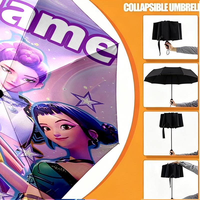 Custom Name Personalized KPop Hunters Print Umbrella, Auto Open Close, 8‑Rib Sturdy Frame, Commute Camping Hiking Use, Birthday Gift
