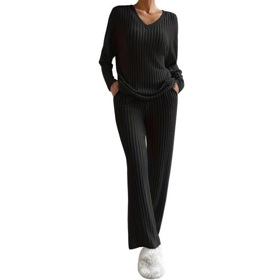 2 шт./комплект женский весенний комплект для поездок на работу топ и штаны комплект с V-образным вырезом длинный рукав топ с высокой талией спортивный костюм эластичная повседневная одежда одежда для сна