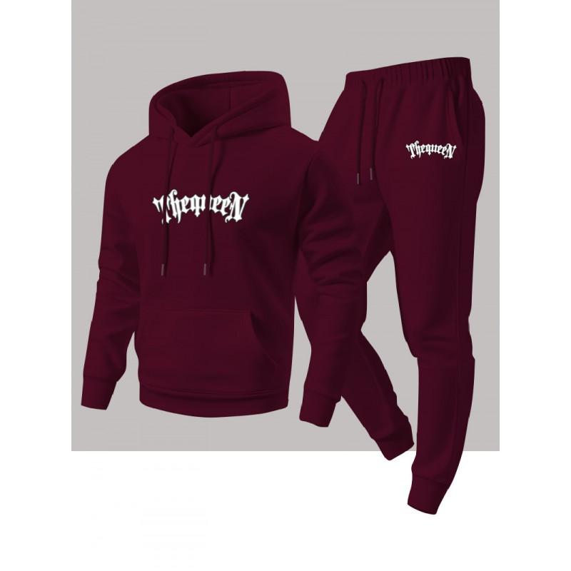 Mens Casual Hooded Sweatshirt Jogger Pants Set Fleece-Lined Letter Print Two-Piece Outfit Fall
