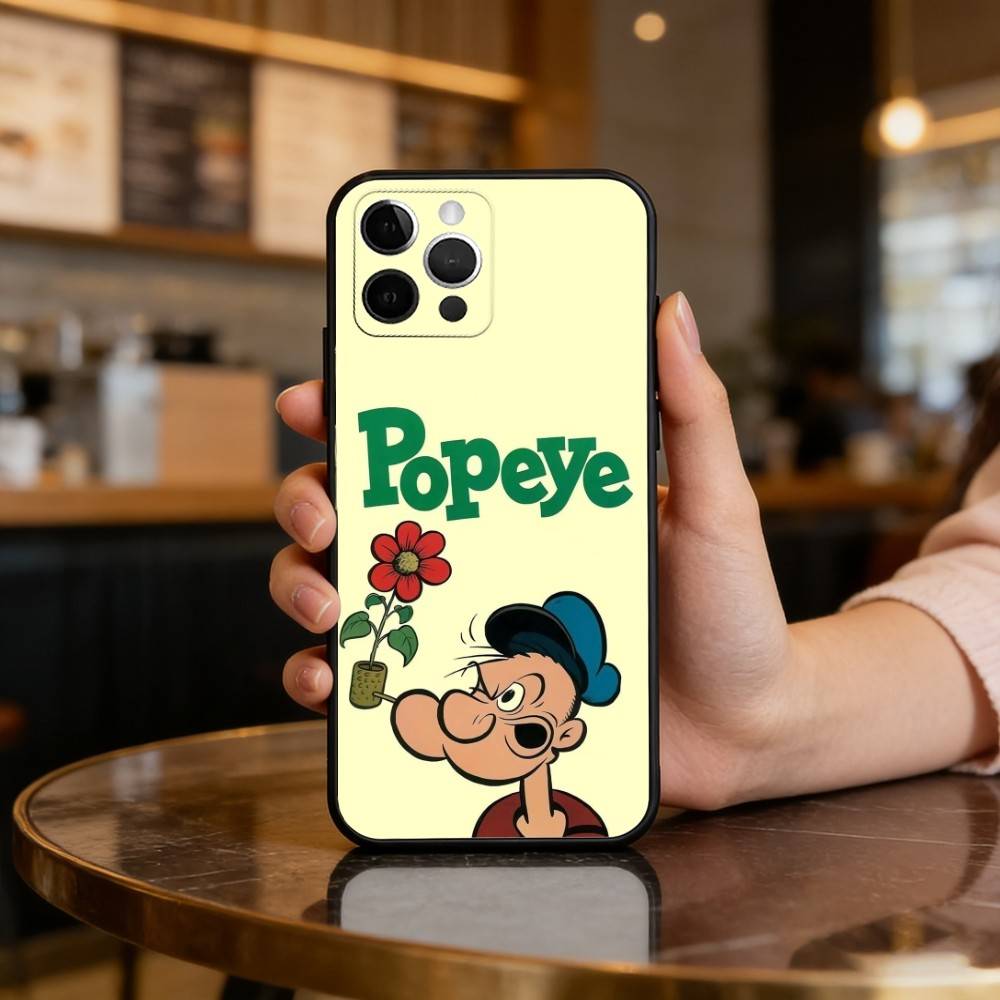 P-Popeye CARTOON Phone Case For iPhone 17,16,15,14,13,12,11 Plus,Pro Max,Soft Silicone Black Cover