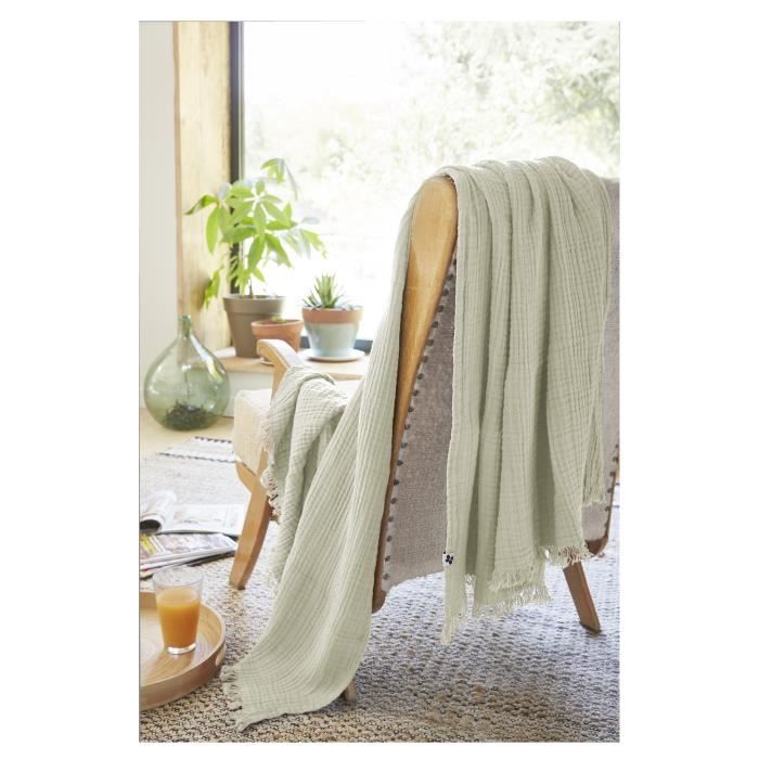 Plaid quadruple gaze de coton - Gaia - 130 x 160 cm - Vert - Finition franges