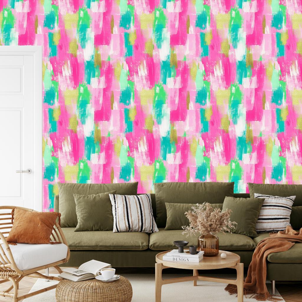 Brushstrokes wallpaper powder pink, purple and mint 50x1000