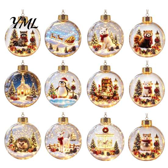 Warm Light Christmas Scenes 3D Animal Faux Crystal Ball Ornament, Lighted Acrylic Hanging Decor Indoor Party Accents with Hedgehog Penguin Panda, LED
