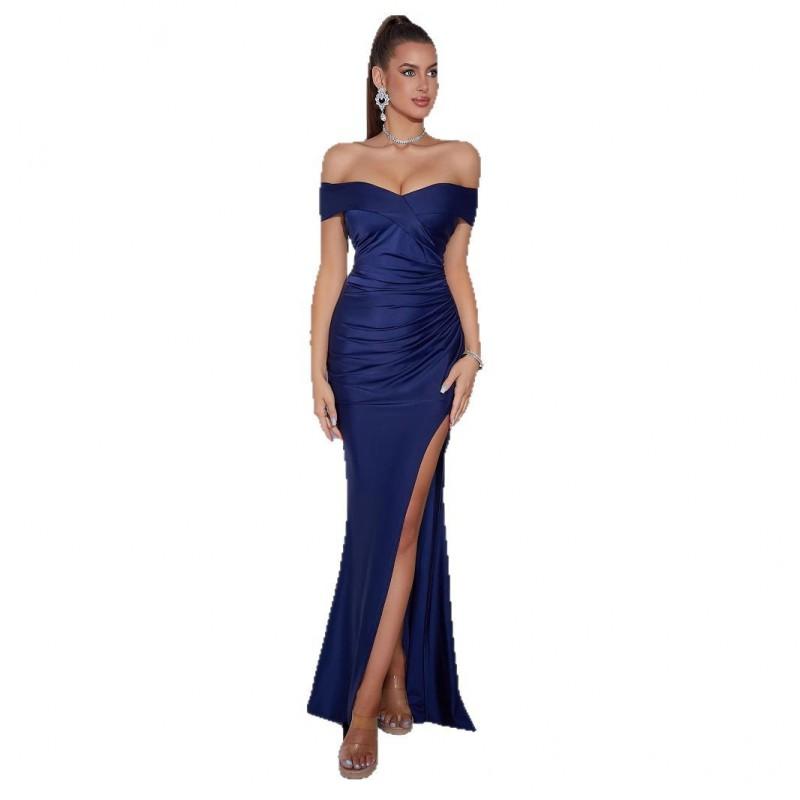 Elegant Solid Color Off-Shoulder Bodycon Maxi Dress With Side Slit Evening Party Formal Occasion