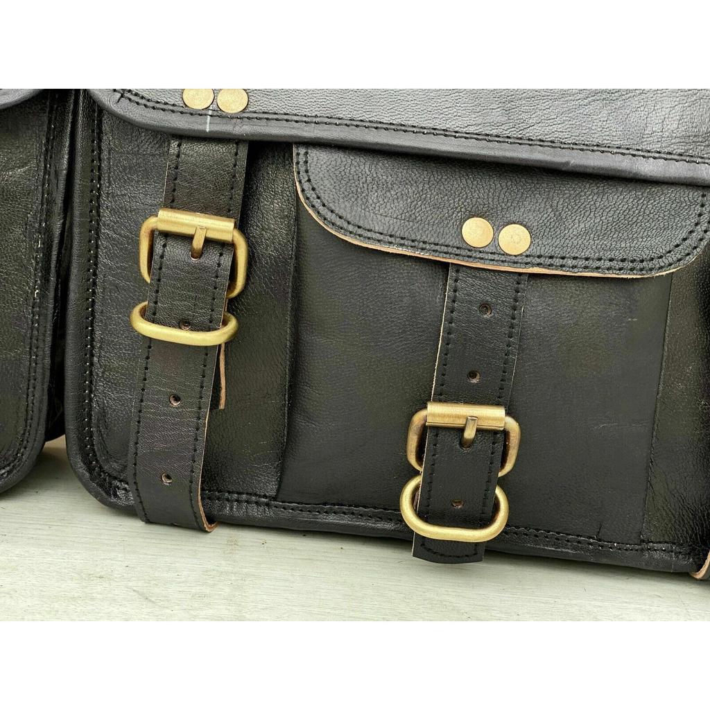 Bags 3 Side Pouch Panniers( Waxed Bull Hide Black Leather) Motorcycle Saddle