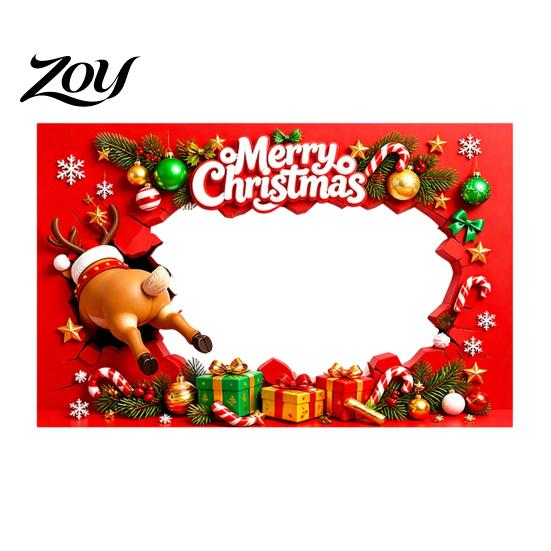 Cute Cartoon Elk Penguin Bear Props Christmas Photo Booth Frame Banner, Xmas Selfie with Interactive Bear, Holiday Party Handheld Prop, Hanging