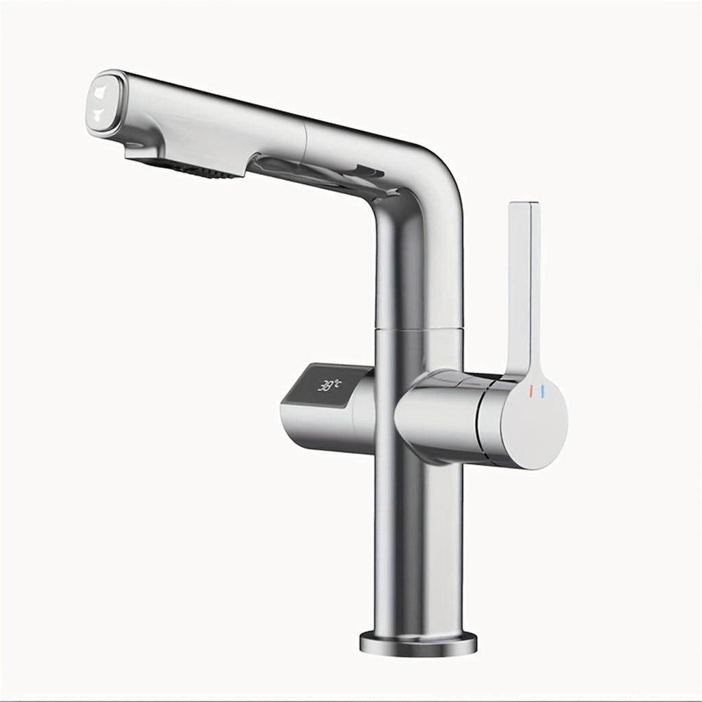 Смеситель для раковины с ЖК-дисплеем и цифровым дисплеем, выдвижной смеситель для раковины, горячий и холодный смеситель для кухни и ванной комнаты, латунный смеситель для раковины, крепление на палубу