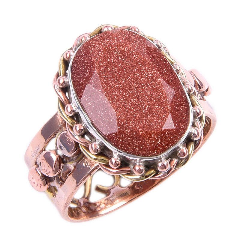 Двухцветное кольцо из стерлингового серебра 925 пробы с натуральным солнечным камнем ручной работы, размер 8 C3y47