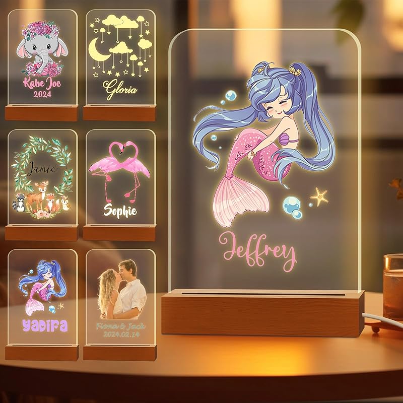 Персонализированный ночник для детей, выгравированное имя, акриловые светодиодные лампы с деревянной основой для детской спальни, декоративный ночник, индивидуальный день рождения