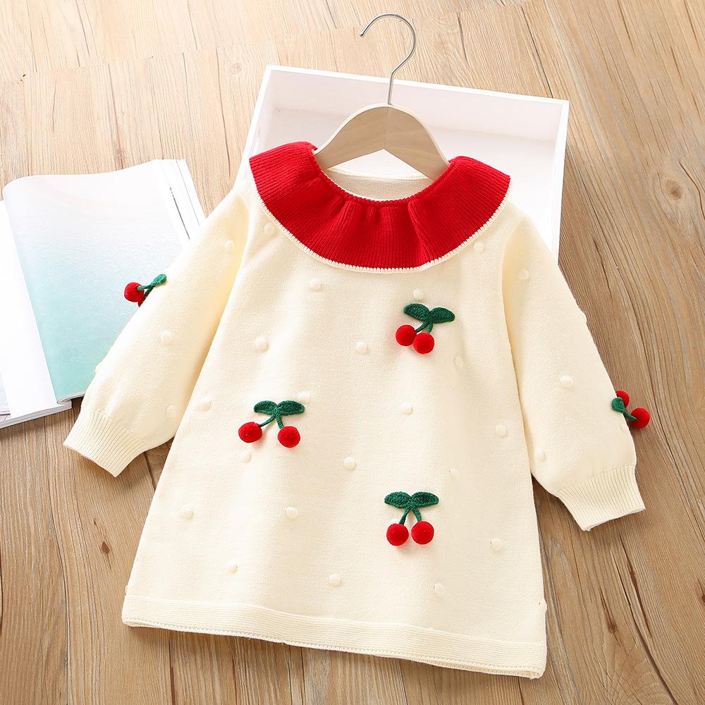 Girls' Knitted Cherry Dress – Long Sleeve Warm Sweater Dress with Ruffled Collar
