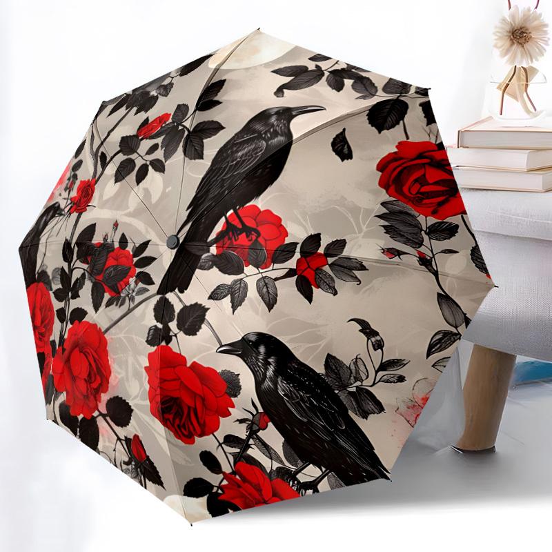 1pc Raven Roses Automatic Open/close Umbrella, 8-Rib sturdy structure, Auto Folding/Opening, Portable Travel Umbrella for Women,268