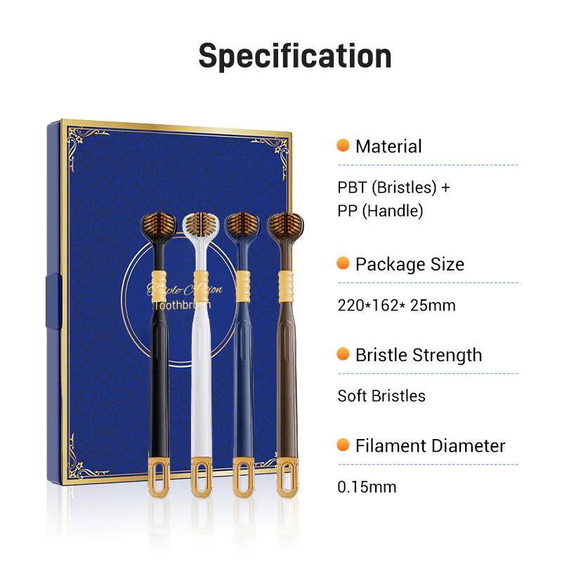 4pcs 3-Sided Toothbrushes for Adults Soft Bristle Three-side Bristles Multi-angle with Cleaning Tongue Scraper The Wavy Points