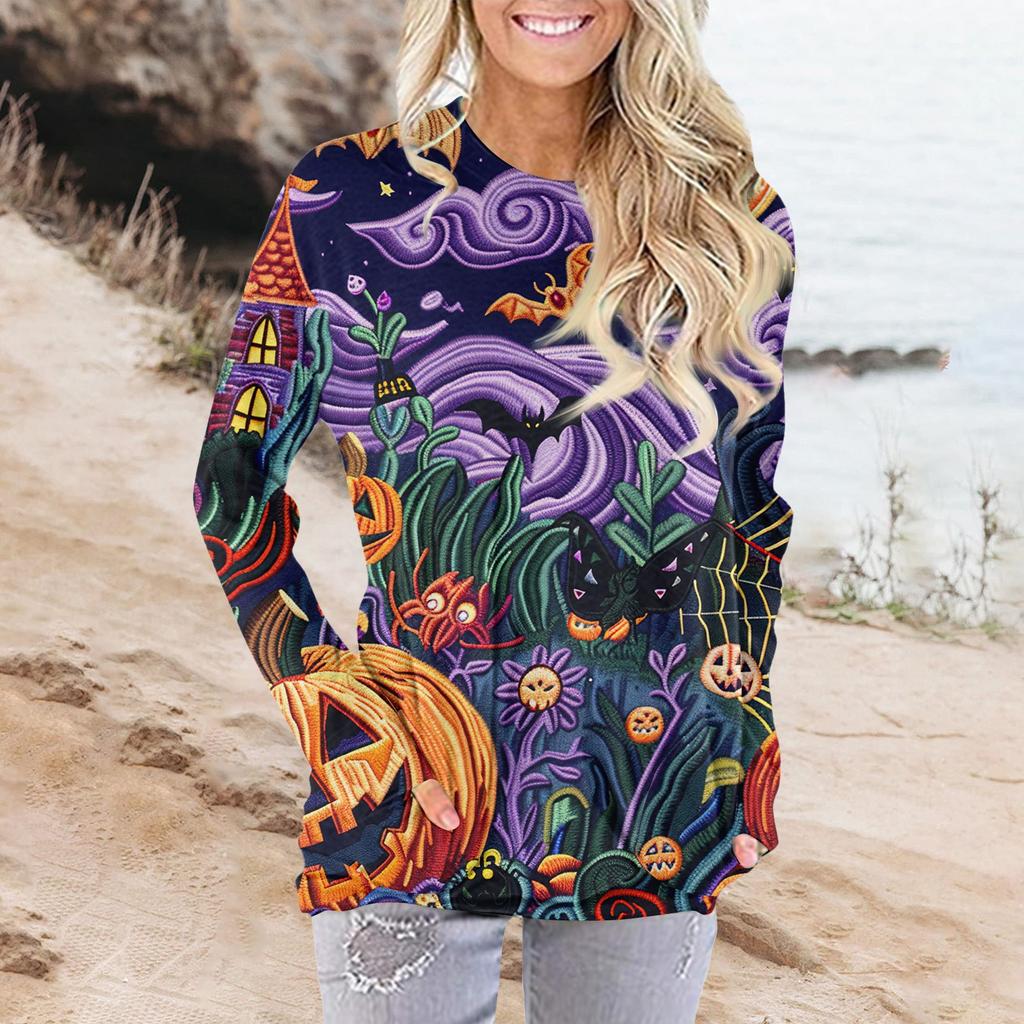 Женская модная повседневная футболка с круглым вырезом и принтом, длинными рукавами и карманами