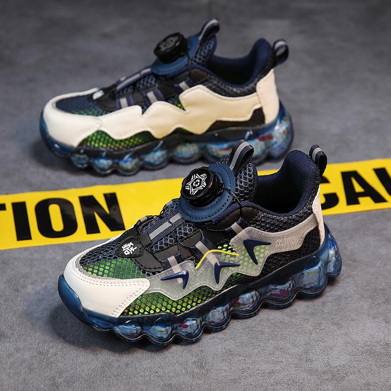 Детская спортивная обувь, вращающиеся пуговицы, обувь для больших мальчиков, кроссовки с мягкой подошвой, баскетбольные кроссовки с сеткой, детская обувь в модном стиле