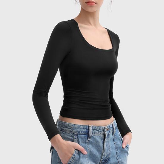 Женские топы с круглым вырезом, длинным рукавом, облегающие, однотонные, эластичные, стандартного кроя, универсальные блузки