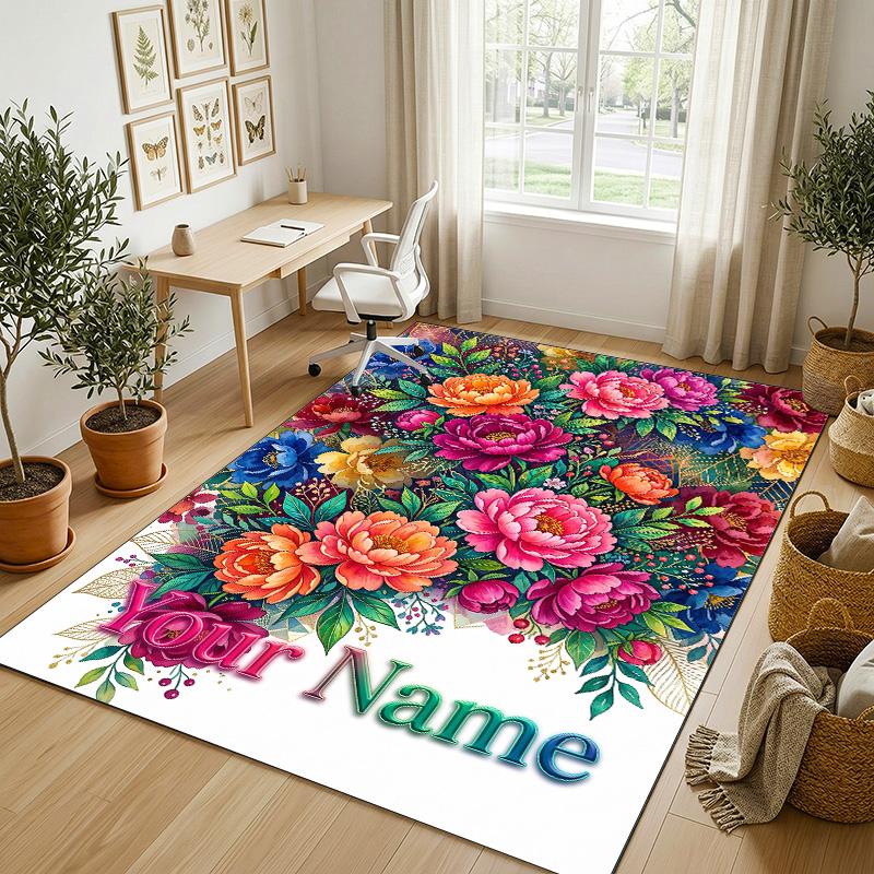 Floral Garden Theme Crystal Velvet Rug Personalized Custom Name Text Soft Floor Mat Home Decor