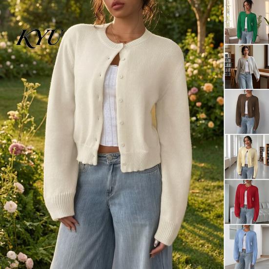 Casual Knitwear Women Round Neck Knit Sweater, Solid Color Button-Up Cardigan for Waist Length Pullover Fall Winter, Long Sleeve Short Top Sweater