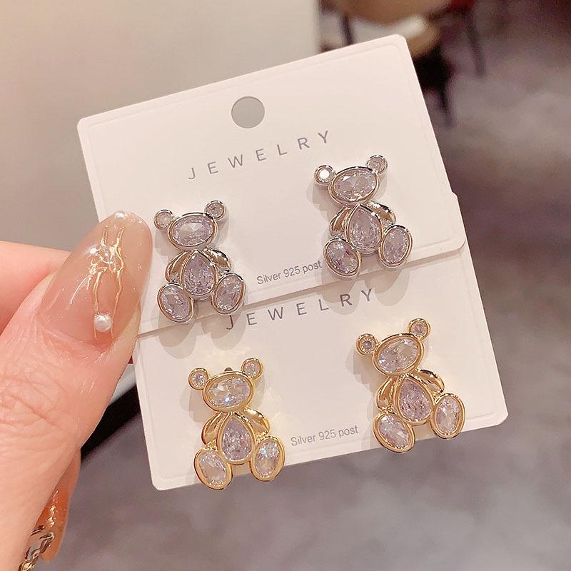 Chic Korean Zircon Teddy Bear Stud Earrings for Women - Fashionable, Trendy, Influencer Style with Silver Needle.