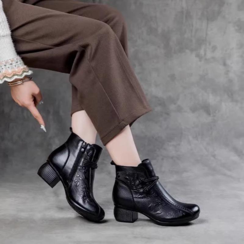 Хлопковая обувь осень и зима короткие ботинки ретро для мамы мягкая кожа удобные для среднего и пожилого возраста танцевальные туфли средний каблук бархатная кожа женские ботинки