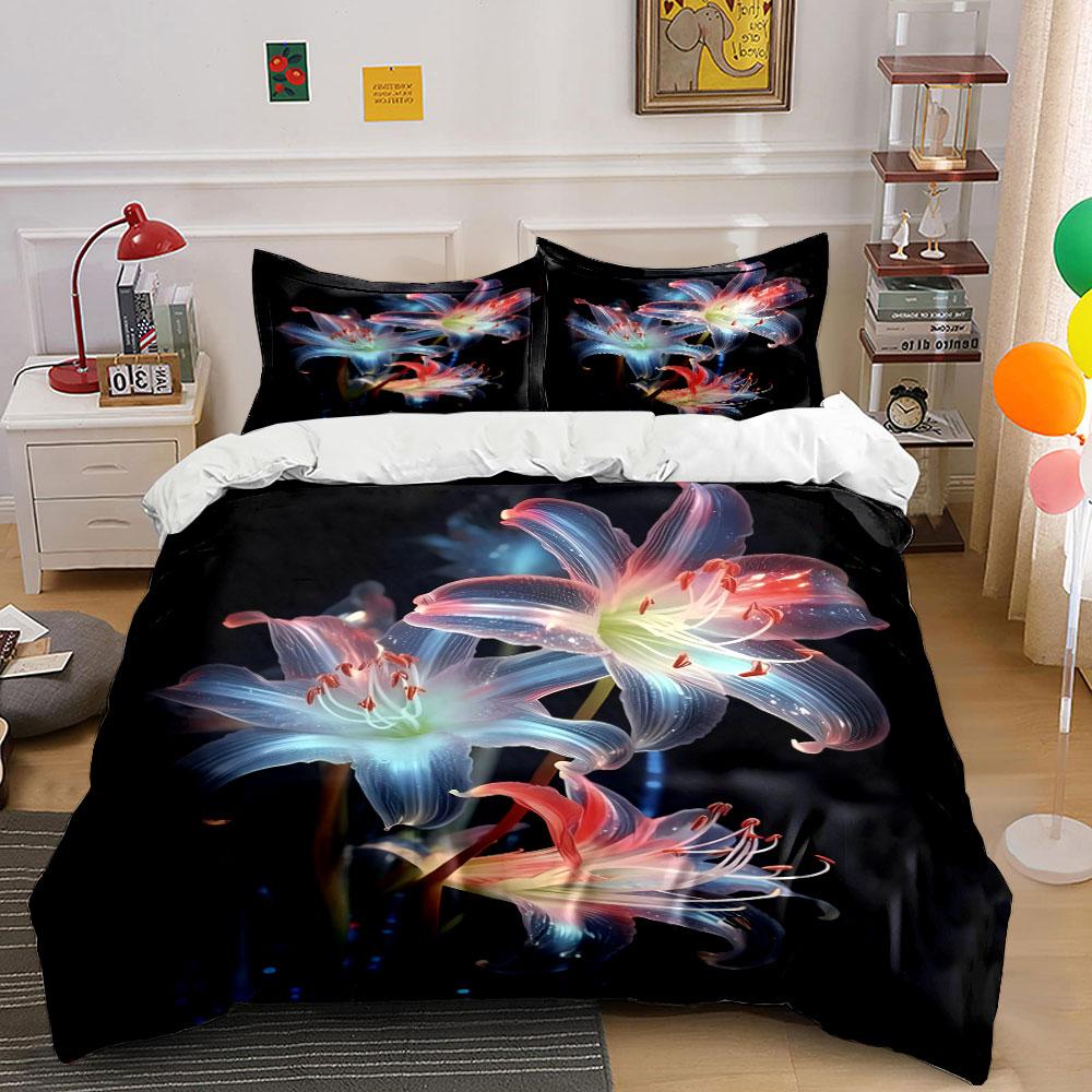 Glowing lilies on black. Bedding sets Duvet cover sets Duvet covers Pillowcases(1*Duvet Cover 2*Pillowcases without duvet insert)