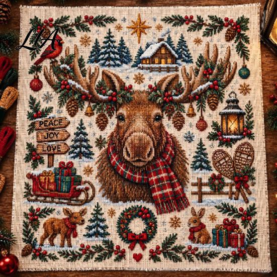 Beginner Friendly Stitching Kits Christmas Animal Cross Stitch Kit, Holiday Embroidery Starter Seasonal Pattern, Festive Craft Kit for Adults