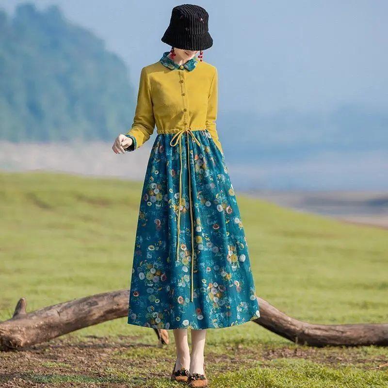 Платье из хлопка и льна в этническом стиле с принтом, длинная юбка для похудения