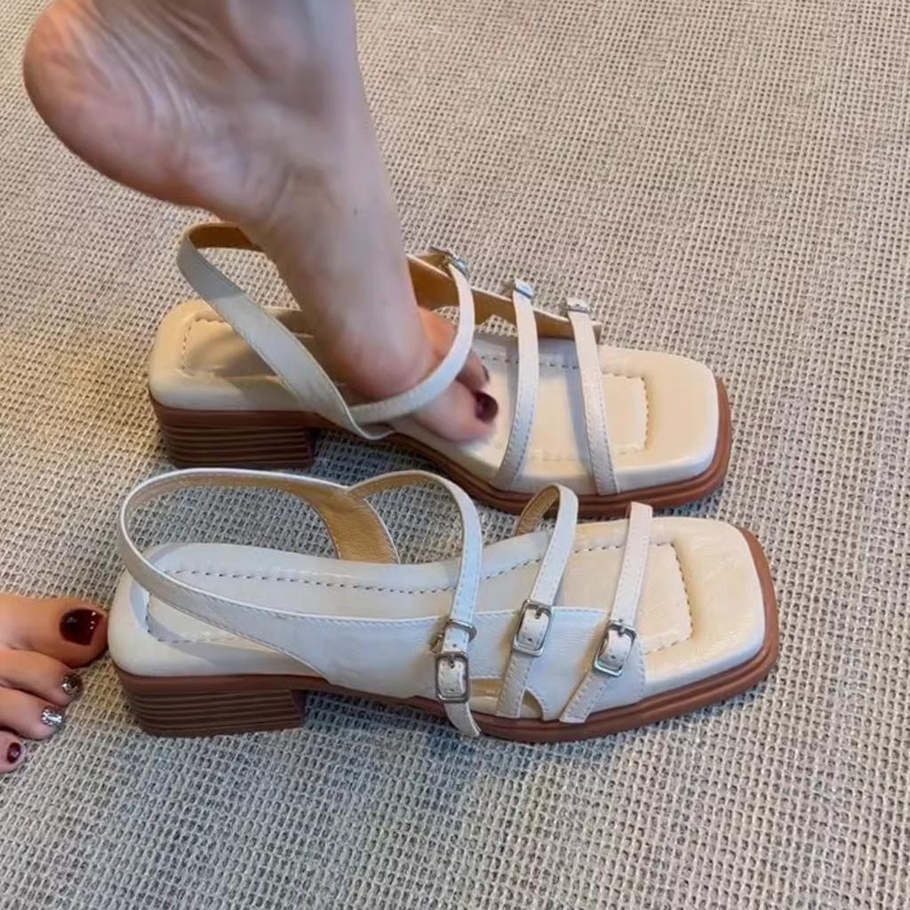 Версия из овчины~ квадратный носок, перекрестные ремешки, римские сандалии, женская летняя обувь, литературный ретро-стиль, плетение, толстый каблук, летние сандалии, тренд