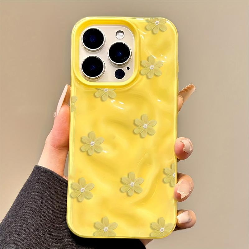 Шикарный Тонкий Желтый Цветочный Чехол для Телефона для IPhone 17 16 15 14 13 12 11 Pro Max Plus 17Air 17Pro 16E Мягкий ТПУ Чехол с Мятой Текстурой