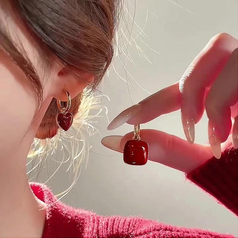 LATS Новый дизайн Красные серьги-подвески в виде сердечек любви для женщин Золотистого цвета Серьги-капли персикового цвета в винтажном стиле Можно разделить Циркон