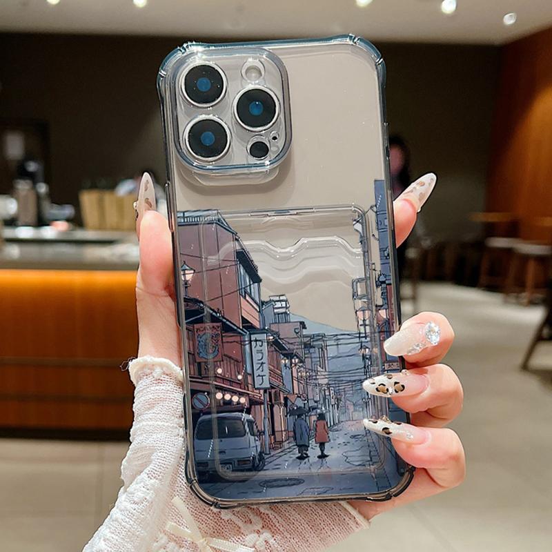 Мягкий силиконовый прозрачный чехол для телефона с отделением для карт для iPhone 16 Pro 15 14 13 Pro Max 12 11 с городским узором, противоударный, однотонный чехол для защиты линз