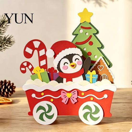 Decorative Wood Panels Christmas Wooden Cart Tabletop Decorations, Xmas Figurine Ornament with Snowman Ready to Use Decor Elk Penguin, Festive