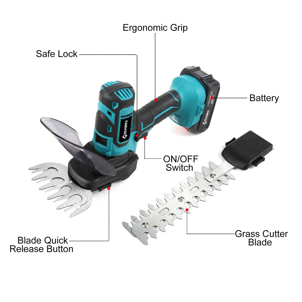 20V Cordless Grass Shears, Handheld Grass Trimmer, 2 In 1 Electric Grass Clippers & Power Hedge
