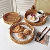 New Handwoven Rattan Basket With Handle Round Shape Storage Tray Breakfast Bread Food Plastic Rattan Threads Basket
