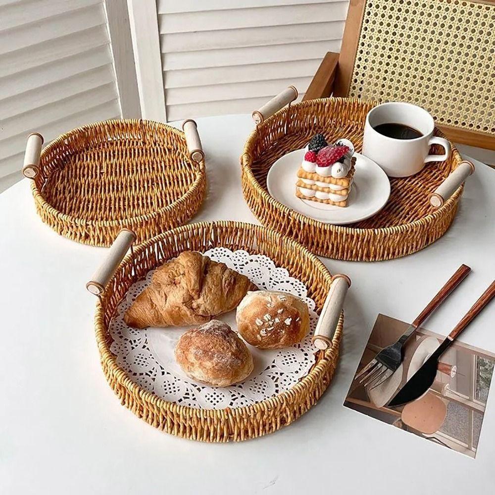 New Handwoven Rattan Basket With Handle Round Shape Storage Tray Breakfast Bread Food Plastic Rattan Threads Basket
