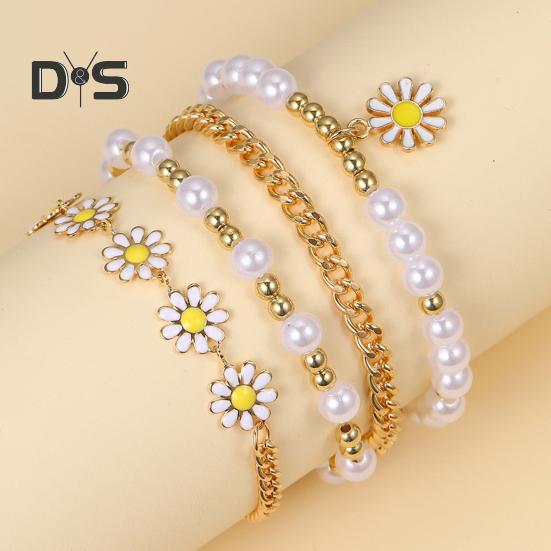 4 Pcs Women Bracelet Set Adjustable Length Hollow Out Chain Faux Pearl Flower Polished Stainless Lightweight Bohemian Bangle Wrist Jewelry