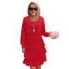 Women Dress Solid Color Multi Layered Cake Dress Round Neck Long Sleeve Mini Dress Vacation Club Wear