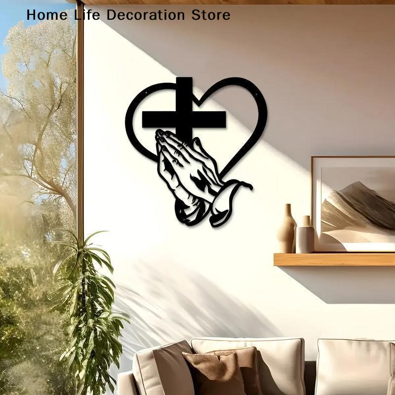 1Piece Cast Iron Cross Art, Modern Religious Metal Wall Decor, Praying Hands Design, Easy to Hang, Perfect for Living Room Gifts