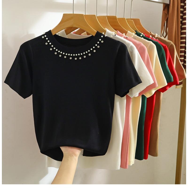 Women's Summer Short Sleeve Knitted T-shirt New Fashion O Neck Beaded Knit Elegant Short Top Female Casual Simple Solid Color Ladies Tshirt 3112