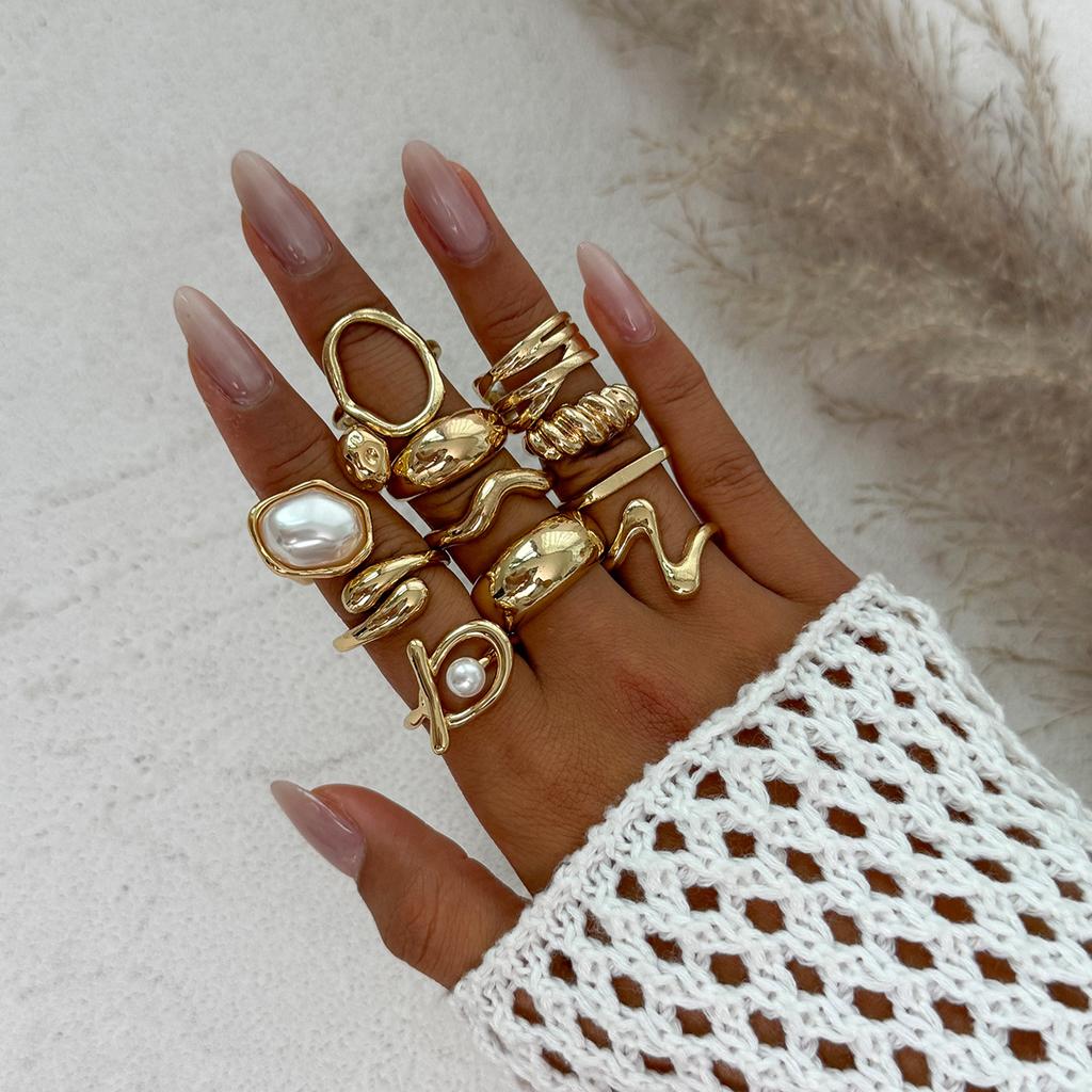 Personalized Exaggerated Imitation Pearl Ring Hand Jewelry, Retro Irregular Liquid Lava Ring Set