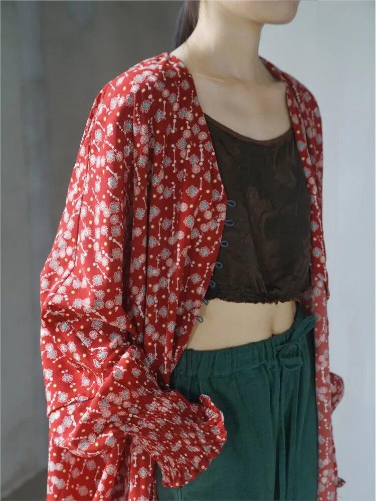 Johnature Женское красное платье с цветочным принтом и рукавами «летучая мышь», винтажные хлопковые длинные халаты, осенние свободные женские длинные платья на пуговицах